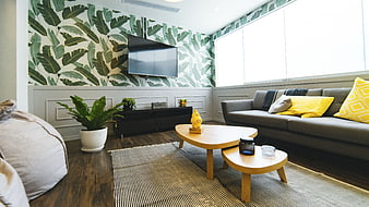 Modern Living Room with Tropical Leaf Wallpaper and Yellow Accents