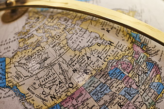 Close-up of vintage globe showing North America and Canada