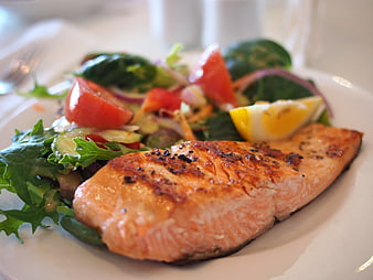 Grilled Salmon Fillet with Fresh Salad and Hard Boiled Egg