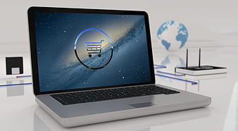 Laptop displaying online shopping cart icon with global connectivity background
