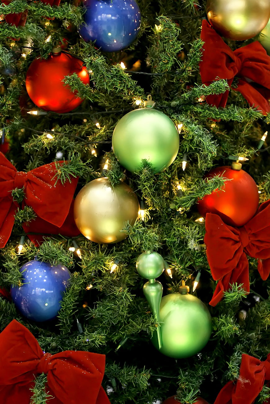 Close-up of Christmas tree with red bows and ornaments
