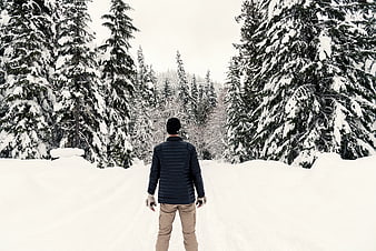Man Walking Away in Snowy Forest Path