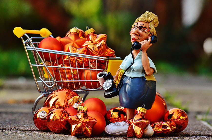 Christmas Shopping Figurine With Trolley And Ornaments