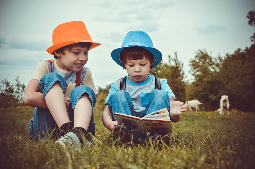 Two young boys reading a book together in a grassy meadow