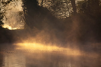 Golden sunrise mist rising over calm lake with trees