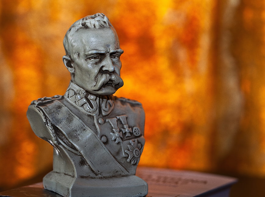 Gray Bust of Jozef Pilsudski with Military Uniform and Medals