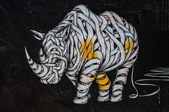 Abstract Rhinoceros Street Art Graffiti on Black Wall