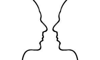 Black and white line art of two facing profiles
