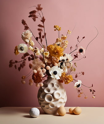 Elegant Floral Arrangement in Textured Vase with Eggs