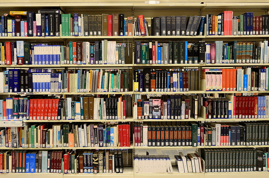 Colorful Library Bookshelves Filled with Books