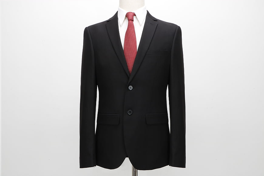 Black Men's Suit Jacket With Red Tie On Mannequin