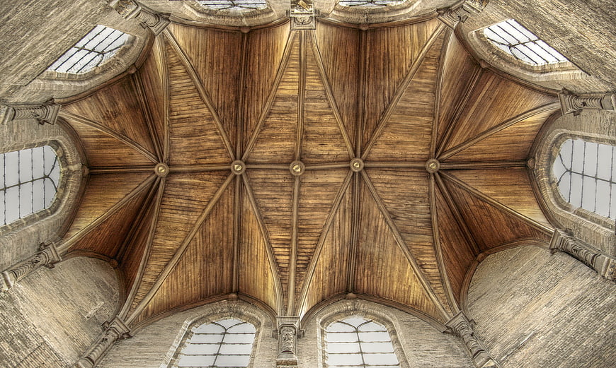Symmetrical Gothic Wooden Vaulted Ceiling with Arched Windows