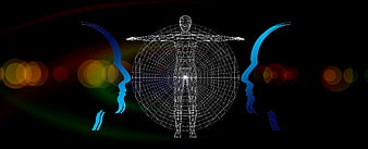 Abstract wireframe human figure with blue face silhouettes