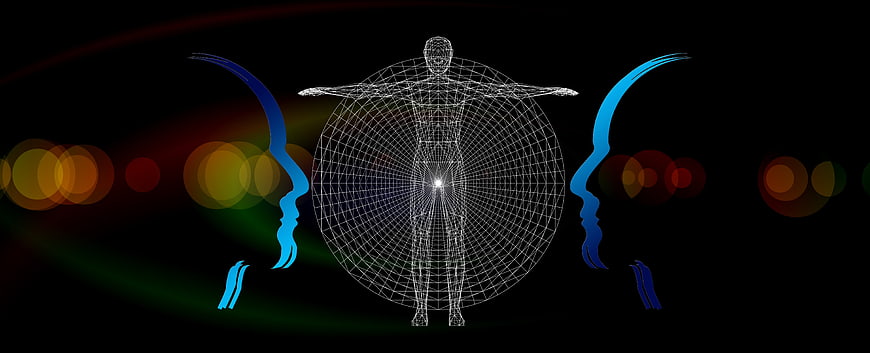 Abstract wireframe human figure with blue face silhouettes
