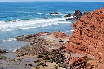 Red Rock Cliffs Overlooking Blue Ocean Waves