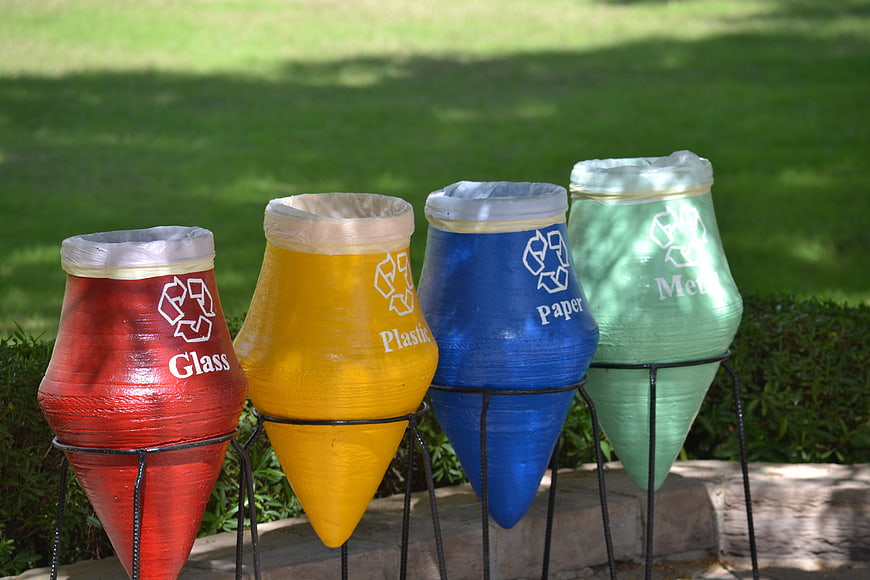 Colorful Recycled Plastic Bottle Bins for Glass, Plastic, Paper, and Metal