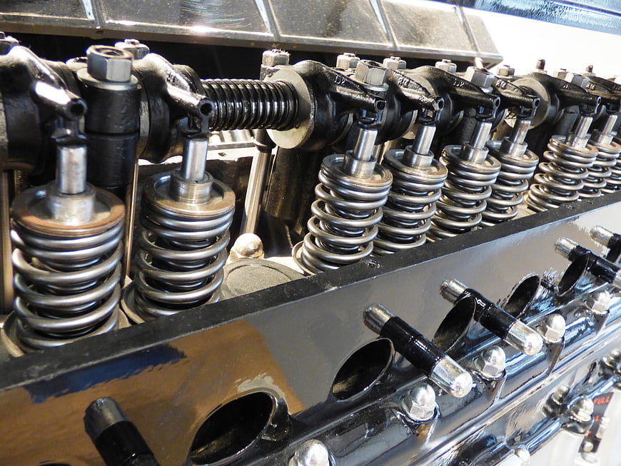 Close-up of V8 engine valve train and rocker arms