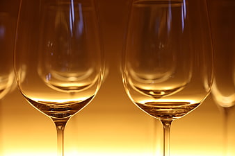 Close-up of elegant wine glasses with golden liquid