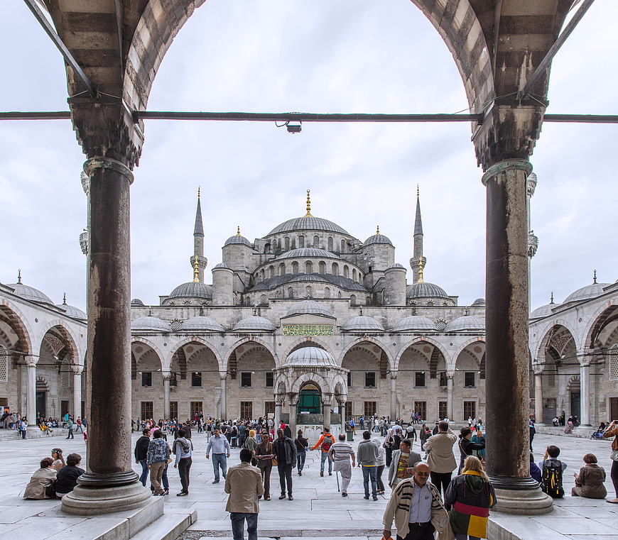Sultan Ahmed Mosque courtyard view through arches