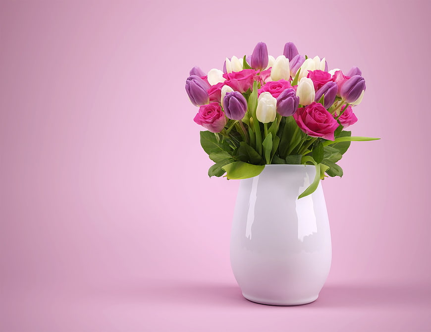 Pink and Purple Tulip Bouquet in White Vase on Pink Background