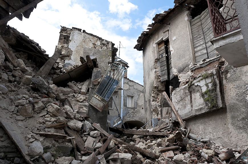 Destroyed buildings and rubble in earthquake aftermath
