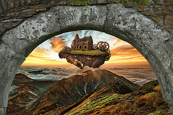Fantasy Floating Castle Ruin With Gears Above Mountain Landscape