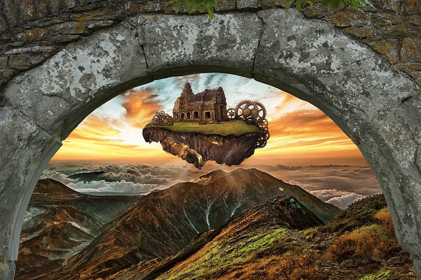 Fantasy Floating Castle Ruin With Gears Above Mountain Landscape