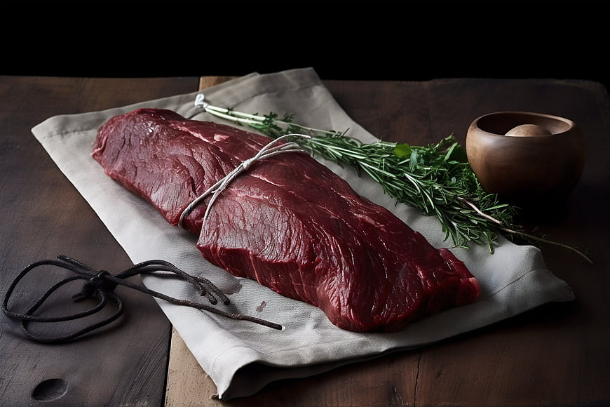 Raw beef roast tied with string and fresh rosemary on linen