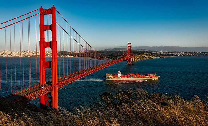 Golden Gate Bridge with Cargo Ship in San Francisco Bay