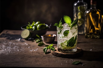 Refreshing Mojito Cocktail with Mint and Lime on Wooden Table