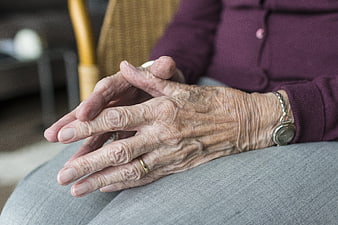 Close-up of elderly woman's wrinkled hands resting on lap