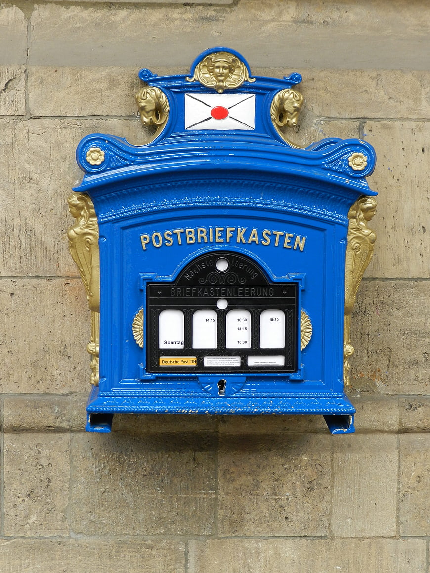 Vintage Blue German Wall Mailbox with Gold Accents