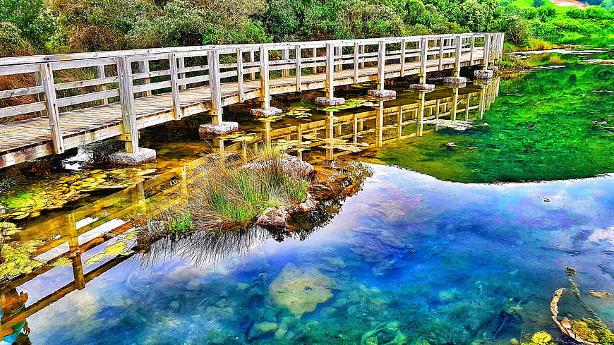 Wooden Bridge Over Vibrant Blue and Green Waters