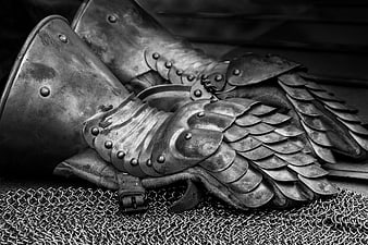 Black and White Close-Up of Medieval Knight Armor and Chainmail