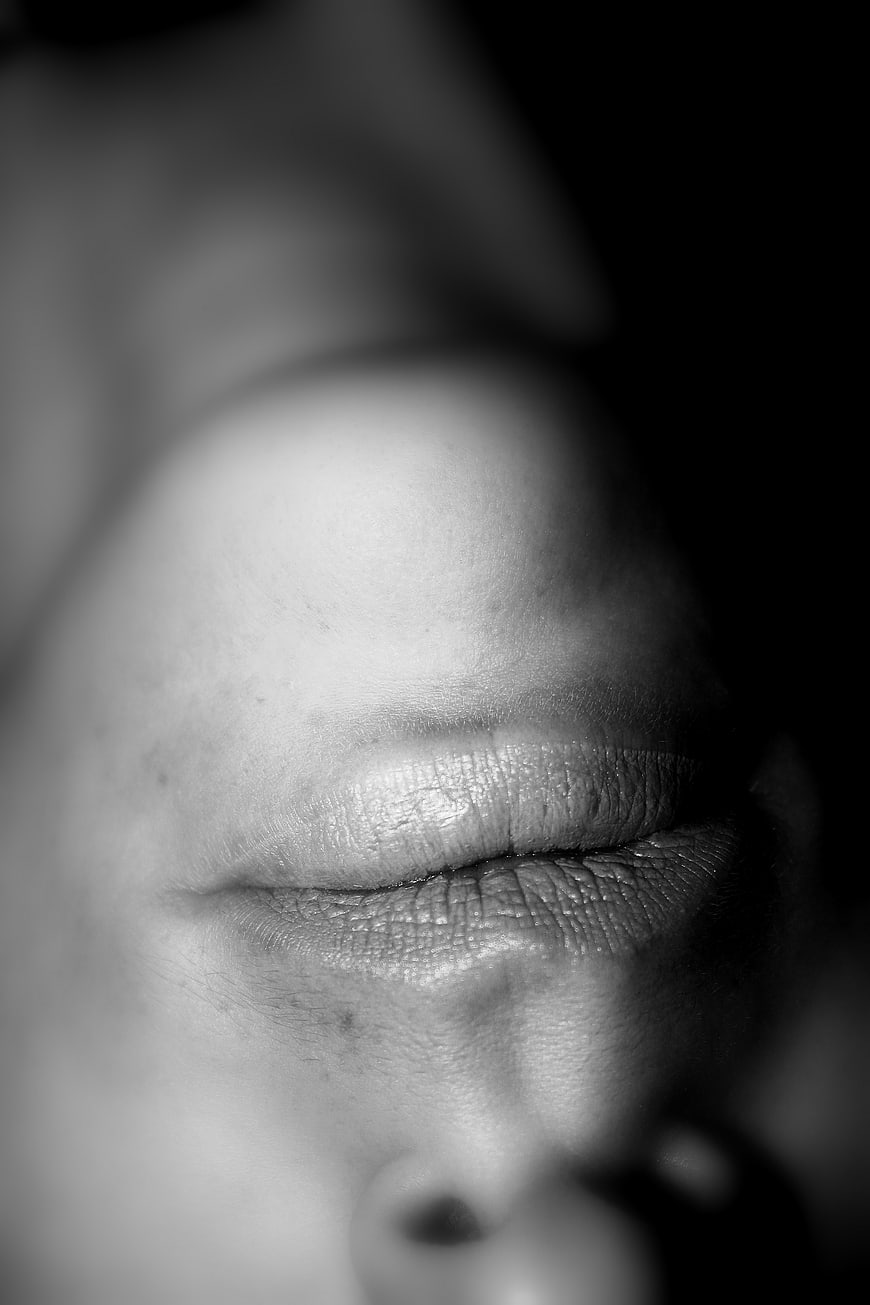 Close-up black and white portrait of lips