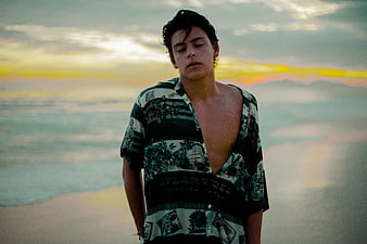 Young man in patterned shirt standing on beach at sunset