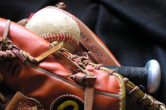 Vintage Baseball Glove, Ball, and Bat Handle Close-Up