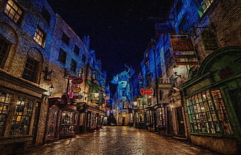 Hogwarts Diagon Alley Night Scene with Dragon Projection