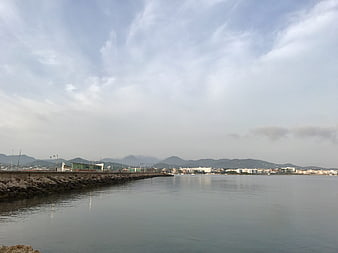 Calm coastal view with rocky breakwater and distant city skyline