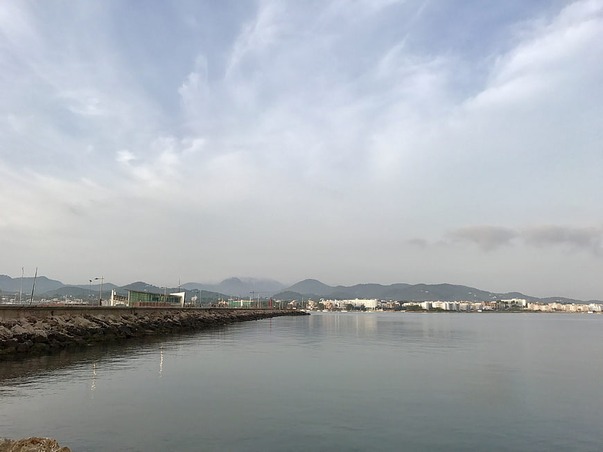 Calm coastal view with rocky breakwater and distant city skyline