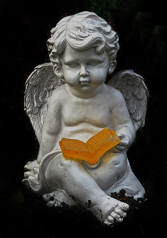 White Garden Angel Statue Reading Orange Book