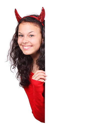 Smiling Woman with Devil Horns Peeking from Side