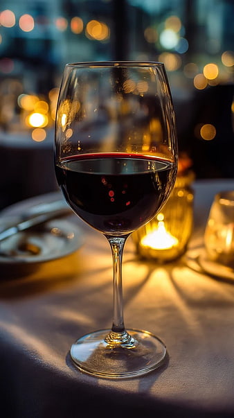 Elegant Red Wine Glass with Candlelight Bokeh Background