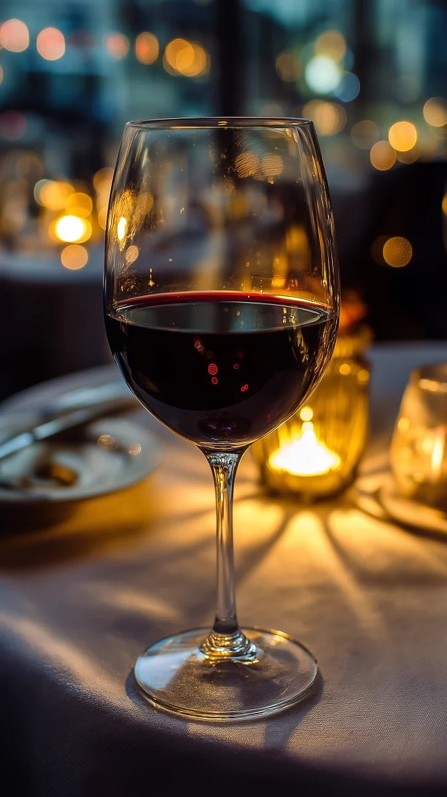 Elegant Red Wine Glass with Candlelight Bokeh Background
