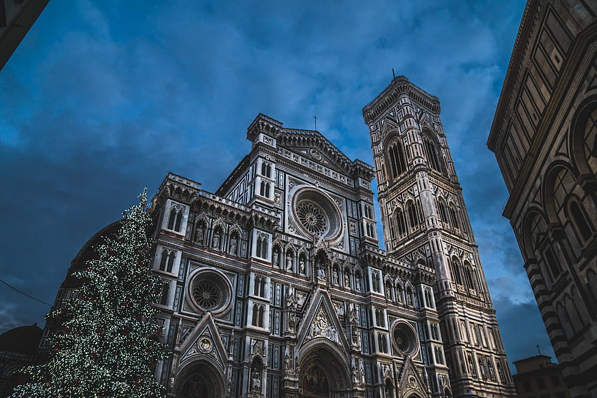 Florence Cathedral and Campanile at Dusk with Christmas Tree