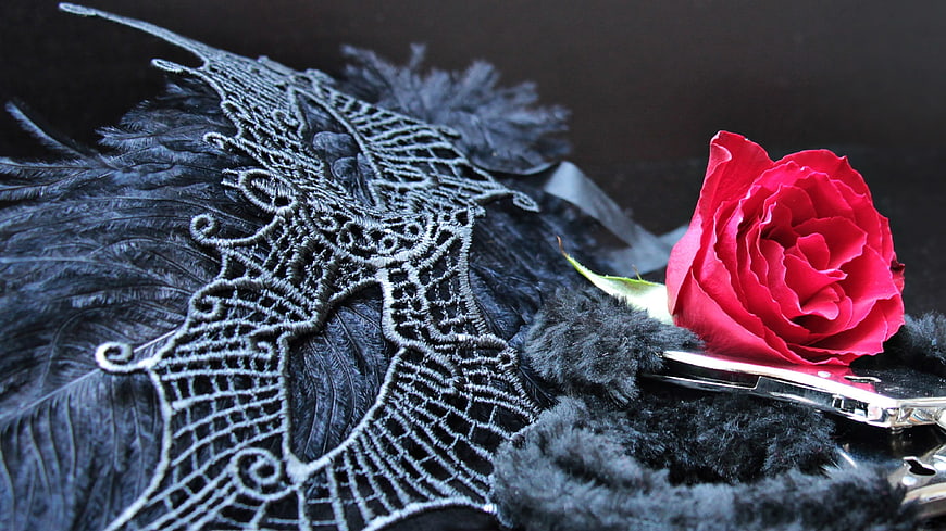 Black Lace Masquerade Mask With Red Rose And Handcuffs