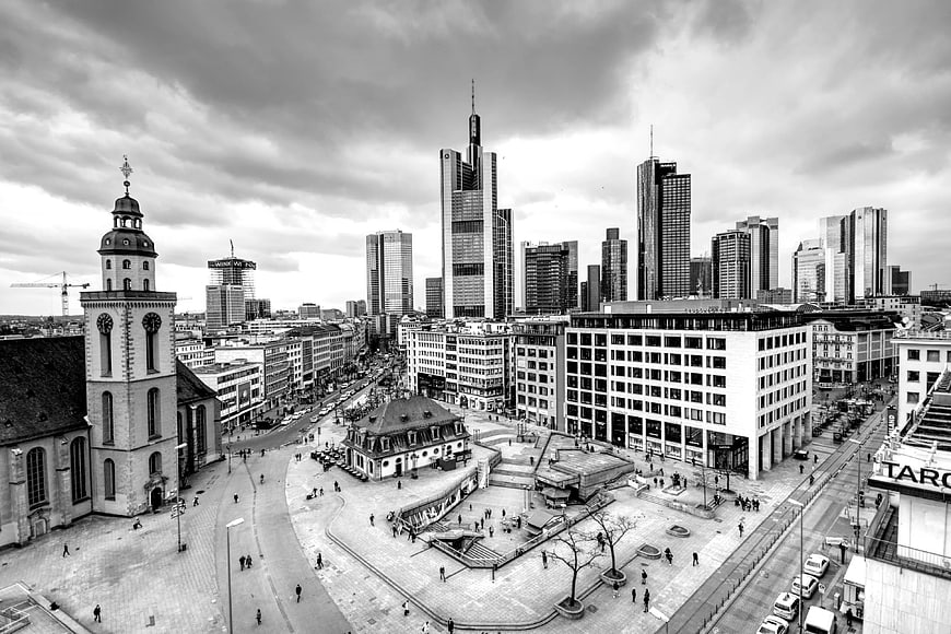 Black and White Frankfurt Skyline with Church Tower