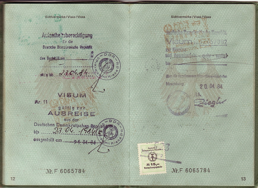 Vintage GDR Passport Visa Page With Stamps And Handwritten Dates