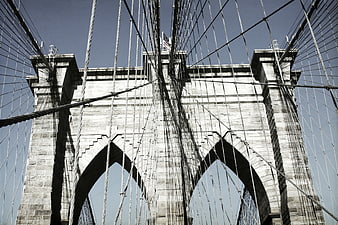 Low Angle View of Brooklyn Bridge Towers and Cables