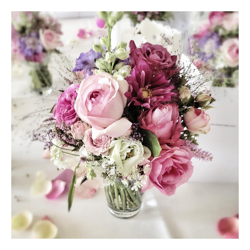 Elegant Pink and Purple Floral Arrangement in Glass Vase